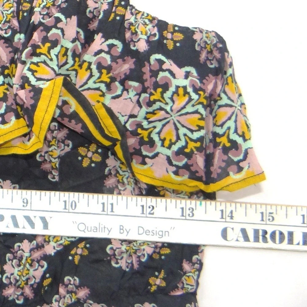Free People Medallion Print Ruffle Crop Top Navy Pink Yellow‎ Smocked Small